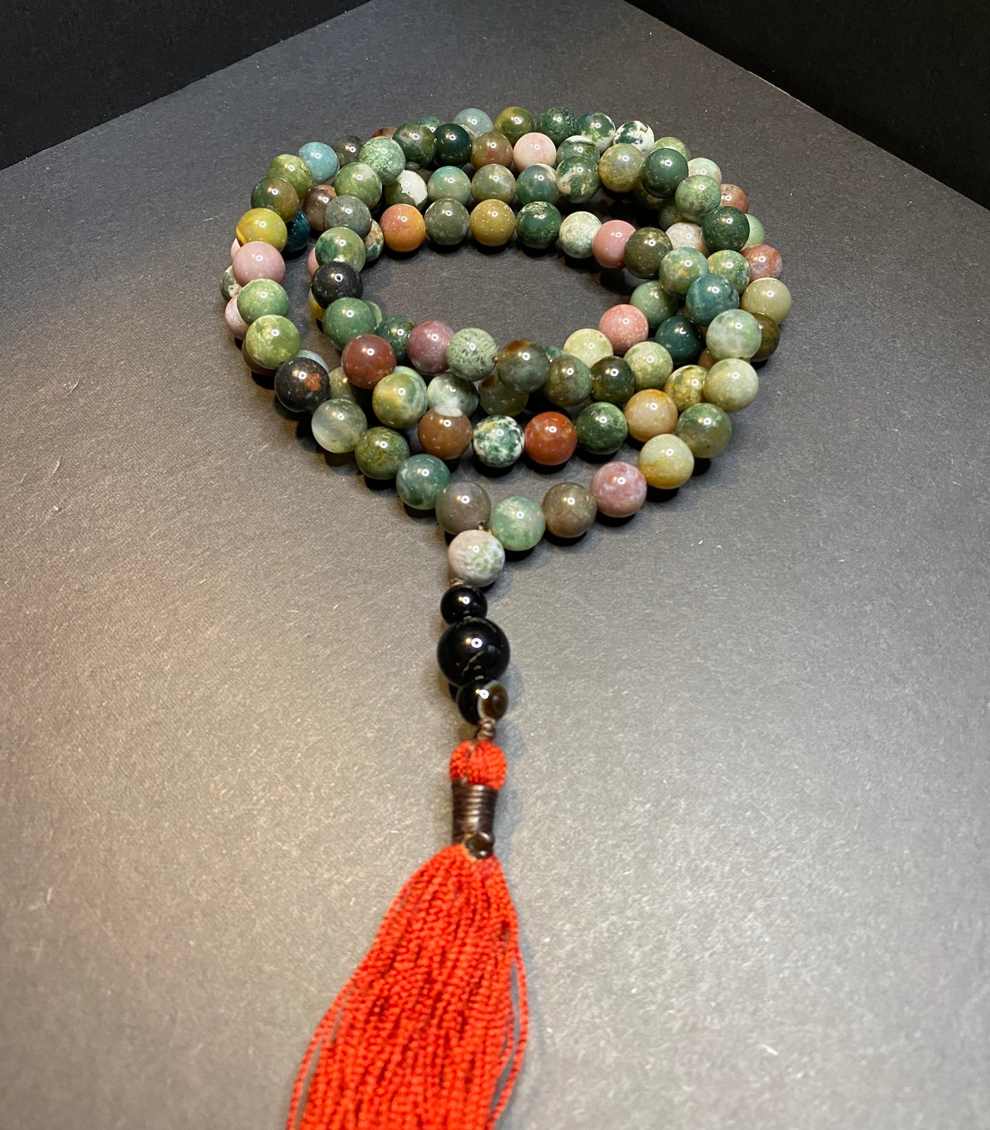 Ocean Jasper Mala Prayer Beads with Red Tassel - Nymphs Nook
