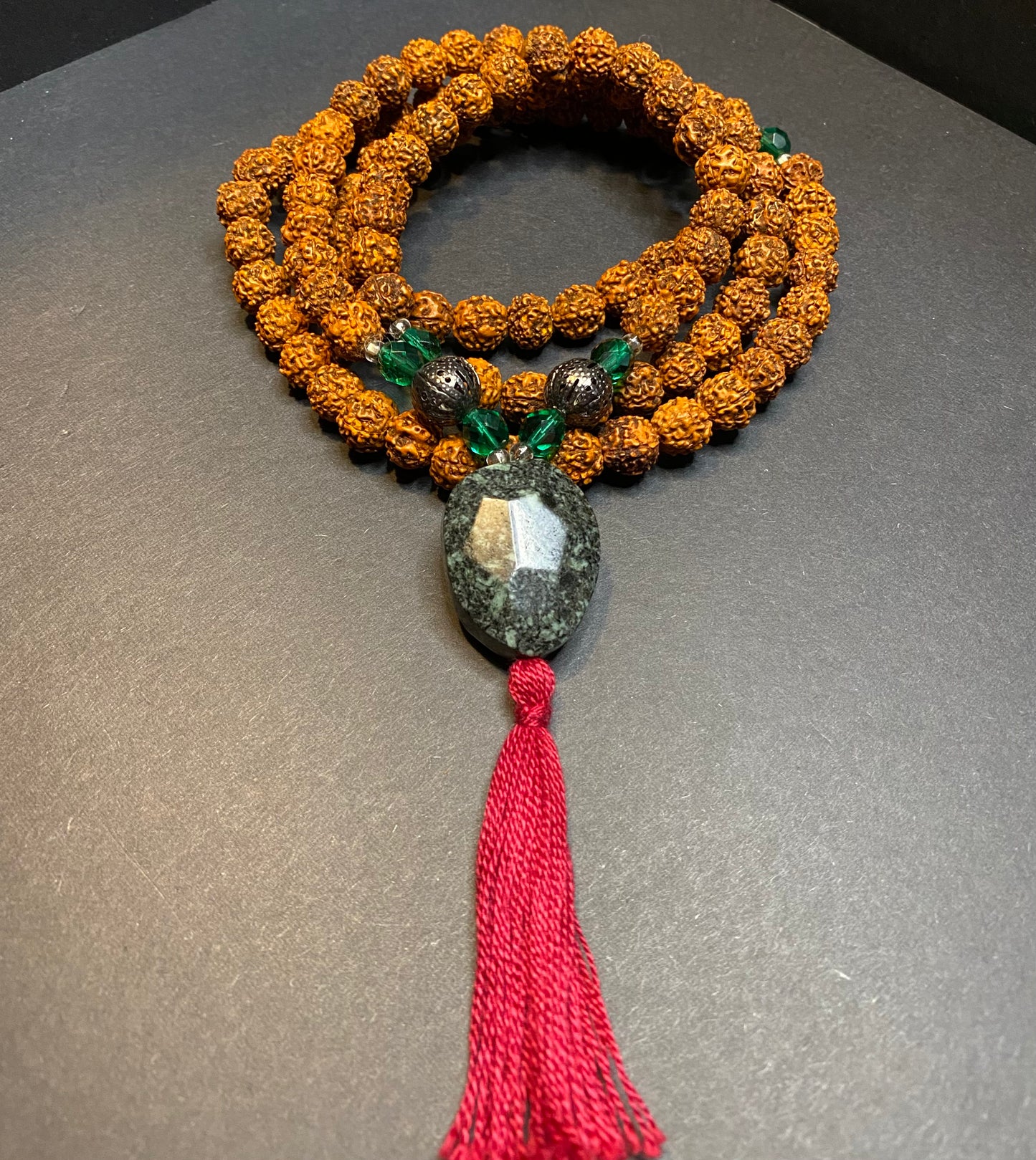Rudraksha Prayer Mala Beads with Large Stone Pendant - Nymphs Nook