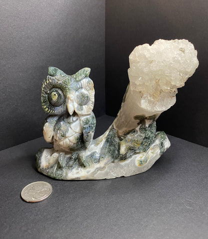Moss Agate Owl with Druzy Tree - Nymphs Nook