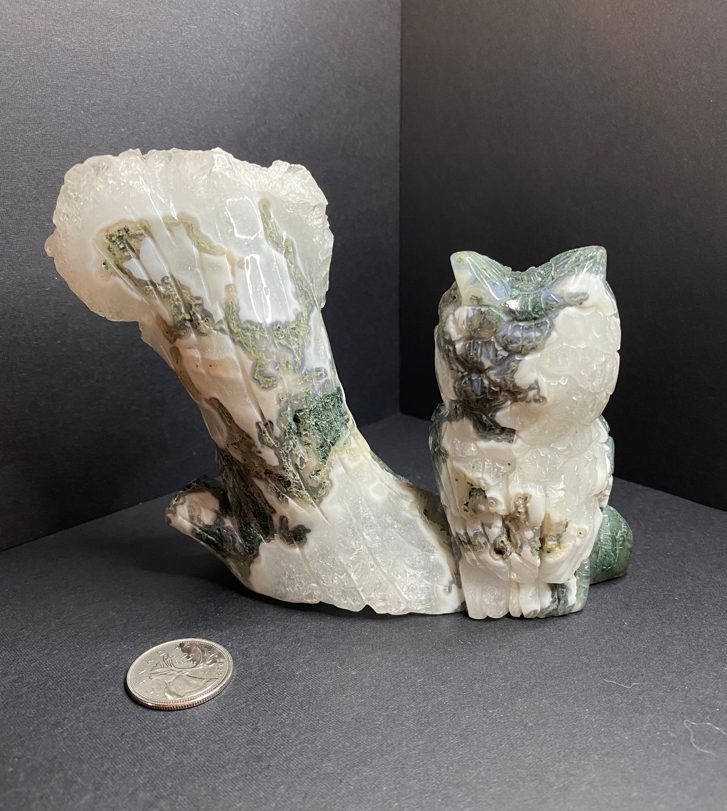 Moss Agate Owl with Druzy Tree - Nymphs Nook