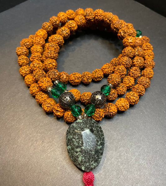 Rudraksha Prayer Mala Beads with Large Stone Pendant - Nymphs Nook